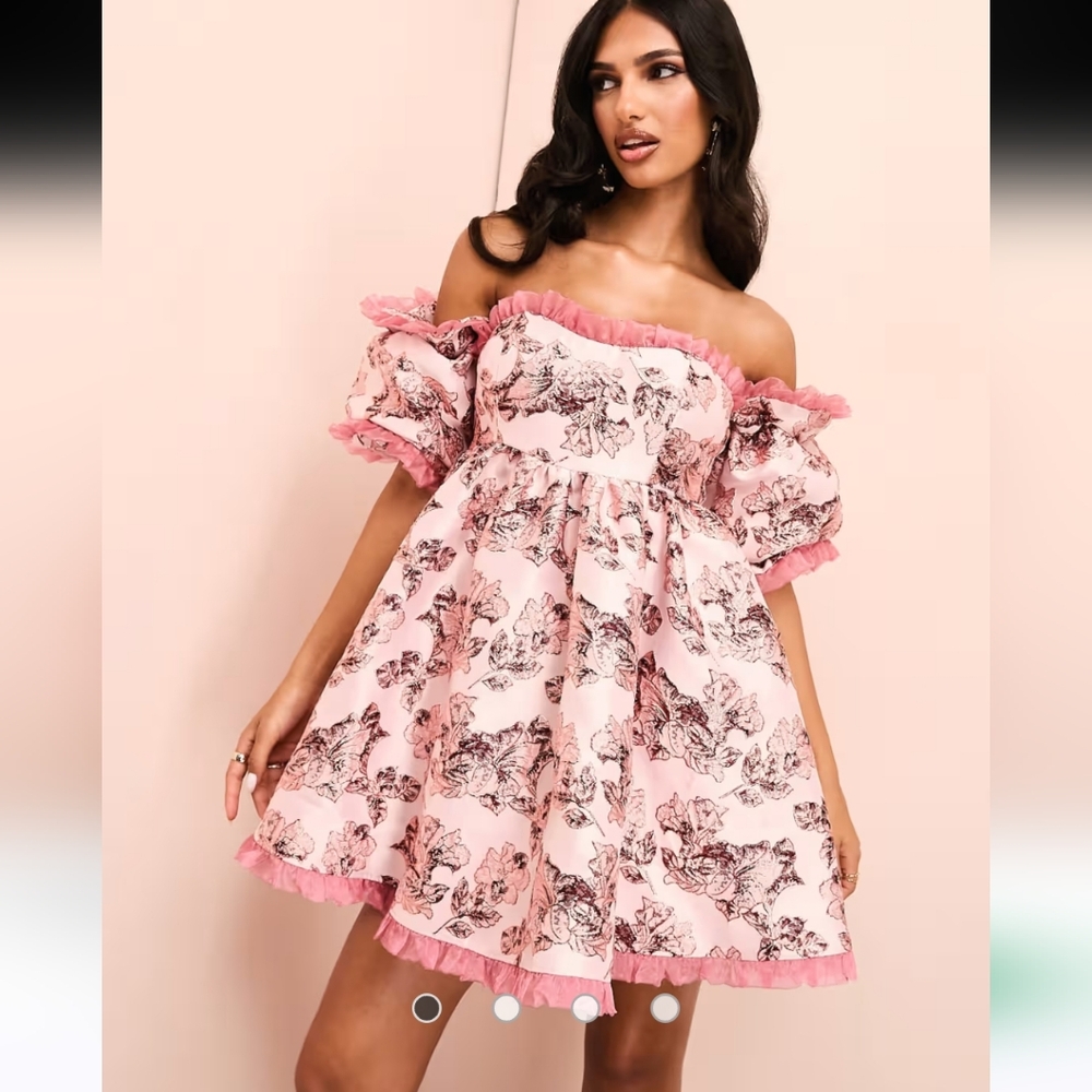 ASOS Pink Floral Off-Shoulder Mini Dress - Picture 2 of 10